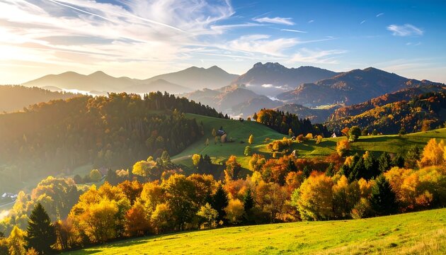 Autumnal landscape, rolling hills and mountains