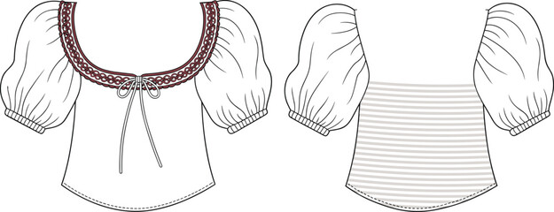 Cropped blouse technical fashion sketch, scoop neckline with lace trim, puff sleeves with gathered cuffs, bow detail, shirred back panel, garment construction vector illustration
