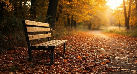Peaceful autumn scene featuring a rustic wooden bench surrounded by fallen foliage, bathed in warm, soft seasonal light ,natural ,nature ,environment