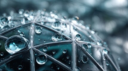 Water Droplets on Geometric Surface: A close-up showcases a transparent geometric form adorned with glistening water droplets, reflecting the environment.