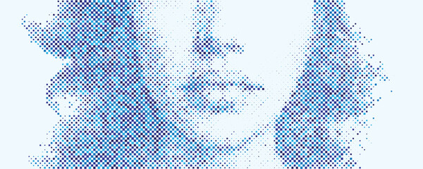 Abstract Close Up Blue Face Using Gradient Halftone Squares Pixel Texture. Halftone Portrait of Artificial Intelligence, Ai. Big Data, Futuristic Data Flow, Smart Technology Visualization. Tech Vector