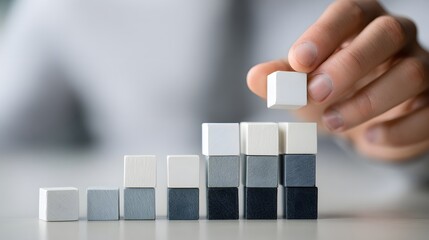 Human hand places final white block atop escalating stack of gradient colored cubes