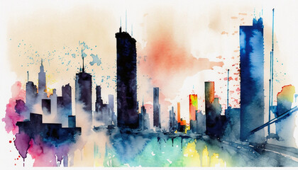  Abstract watercolor painting of a vibrant, colorful cityscape.