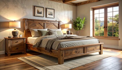 Elegant full wooden bed design with smooth oak finish, cozy bedding, minimalist decor, soft warm lighting, modern bedroom interior aesthetic, 32k full ultra hd high resolution
