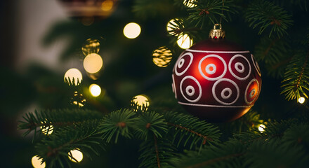 Close up of a red christmas ornament with white circular patterns on a decorated evergreen tree with bokeh lights