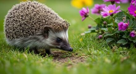 Adorable hedgehog foraging in lush green grass near vibrant pink flowers