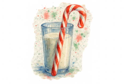 Candy cane in a glass of milk, a sweet holiday treat for traditional christmas eve rituals, watercolor painting