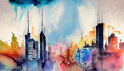  Abstract watercolor painting of a vibrant, colorful cityscape.