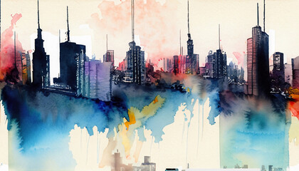  Abstract watercolor painting of a vibrant, colorful cityscape.