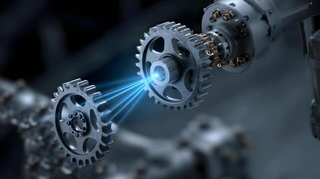 Two precision gears mesh in a robotic system, illuminated by a blue laser alignment beam.
