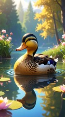 A duck floats serenely in a pond, reflecting sunlight