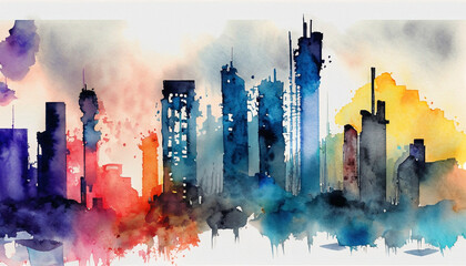  Abstract watercolor painting of a vibrant, colorful cityscape.