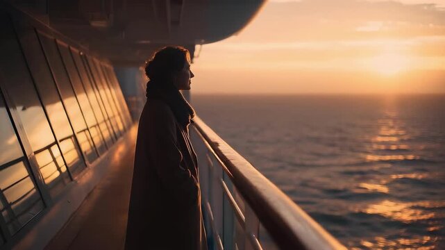 A person leans on the deck railing of a cruise ship at sunset, gazing out over the ocean as the sun sinks.