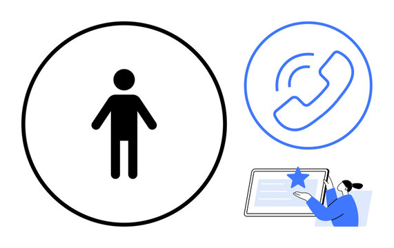 Minimal user icon in circle, phone call icon, and person providing feedback on screen. Ideal for customer support, communication, feedback, service quality, interaction, assistance and simple flat