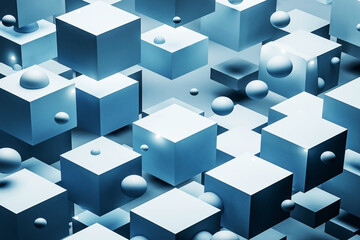 3D geometric abstract background with floating cubes and spheres in soft lighting, modern futuristic design.