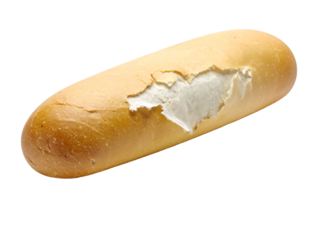 long bread roll with bite mark exposing soft white crumb, golden crust bakery bun and rustic texture, on isolated background
