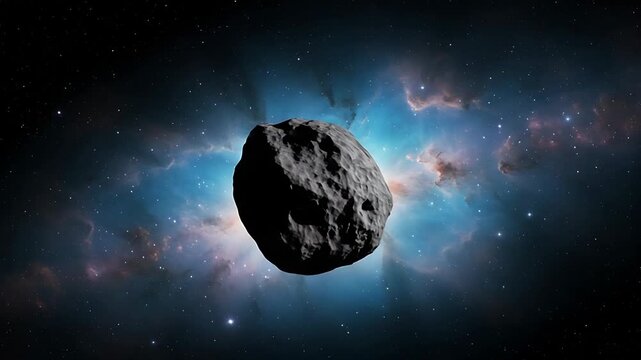 Asteroid hurtling through space with a vibrant nebula background video footage, exploring space