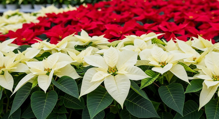 White and Red Poinsettias Close-Up Holiday Floral Display
