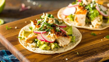 Grilled chicken tacos with avocado, radish, and cilantro