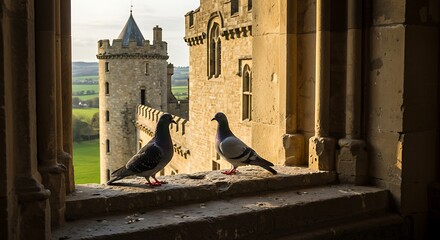 Two pigeons perched on a window ledge with a historic castle tower in the background.