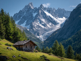 Obraz premium Rustic wooden cabin sits on a sunny green slope in an alpine valley, backed by a dramatic snow-capped mountain range and a striking glacier under a clear blue sky.