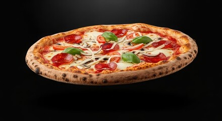 Delicious Neapolitan Pizza with Fresh Basil, Tomatoes, and Slices of Salami on a Black Background