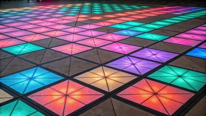 A colorful dance floor tiled with glowing geometric patterns