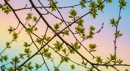 Natural pattern of branches with young leaves, spring daylight, gentle breeze atmosphere, pastel gradient sky, soft bokeh background, detailed realism