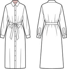 Shirt dress technical fashion sketch, long sleeves with cuffs, button-down front, tie waist, classic collar, front and back views, garment construction vector illustration