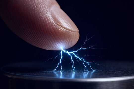 Closeup macro of a human finger generating static electric sparks discharge on a metal surface in a dark environment, concept for electricity and static charge
