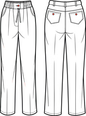 Women’s pants technical fashion sketch, elastic waistband with drawstring, patch pockets, belt loops, straight-leg silhouette, front and back views, garment construction vector illustration