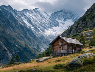 Rustic wooden cabin sits on a sunny green slope in an alpine valley, backed by a dramatic snow-capped mountain range and a striking glacier under a clear blue sky.