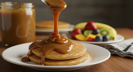 Dulce de Leche Drip Over Pancakes in a Joyful, Fruit-Blurred Scene