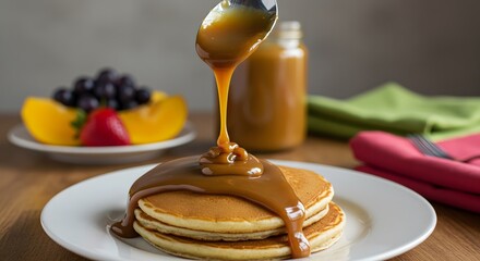 Bright and Joyful Pour of Dulce de Leche on a Stack of Pancakes