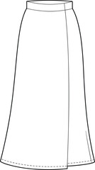 A-line skirt technical fashion sketch, fitted waistband, center seam, flared silhouette, hem guide detail, garment construction vector illustration