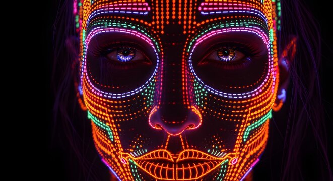 Futuristic Neon Face Mapping Portrait with Vibrant Glowing Lines and High Detail Cyber Aesthetic Creating Bold Modern Digital Art Style