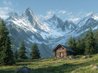 Rustic wooden cabin sits on a sunny green slope in an alpine valley, backed by a dramatic snow-capped mountain range and a striking glacier under a clear blue sky.