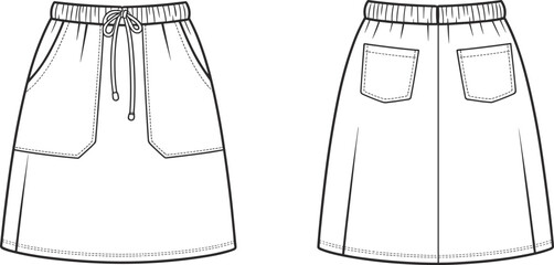 Casual skirt technical fashion sketch, elastic waistband with drawstring, patch pockets, curved hem with topstitching, front and back views, garment construction vector illustration