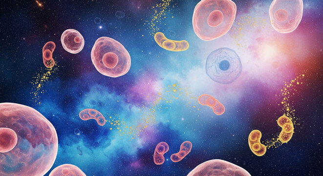 顕微鏡と銀河が融合する水彩で透明感のある抽象背景