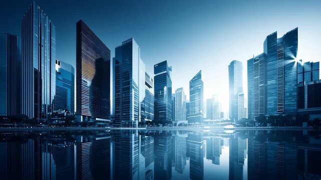 Stunning modern skyscrapers reflecting in water at twilight, perfect for architectural and urban photography.