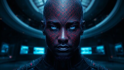 Futuristic man portrait cyberpunk technology blue red black headpiece grid lines dots intense expression generative AI