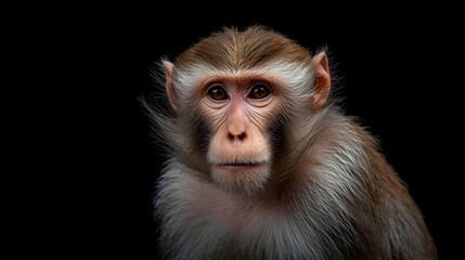 Obraz premium Contemplative Monkey Portrait: A close-up of a monkey, gaze directly at the camera. The animal is captured against a black backdrop, accentuating its features and capturing a sense of introspection.