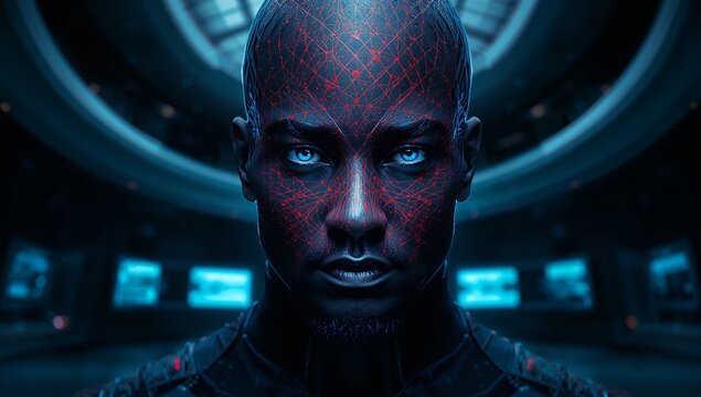 Futuristic man portrait cyberpunk technology blue red black headpiece grid lines dots intense expression generative AI