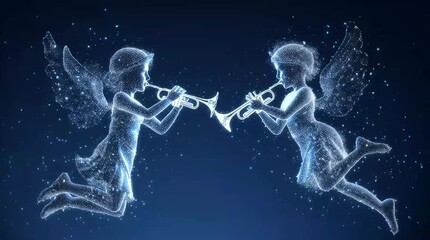 Silver angels play trumpets against a dark blue background. Heavenly angels play trumpets, creating a magical shimmering light effect. Christmas video animation. - Powered by Adobe