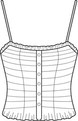 Camisole top technical fashion sketch, spaghetti straps, button-down front, gathered neckline and hem, structured seams, garment construction vector illustration