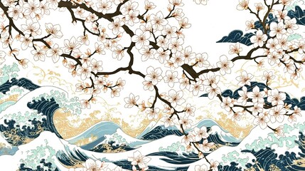 Cherry blossoms gently touch the waves, as if spring meets the ocean. This elegant Japanese ukiyo-e style pattern is perfect for textile design, packaging, or interior decoration.
