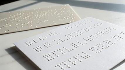 Braille text embossed on white cards for tactile reading