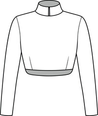 Long-sleeved top technical fashion sketch, mock neck with center slit, princess seams, contrast hem and collar, front view, garment construction vector illustration
