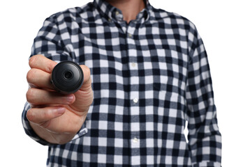 Man with hidden spy camera on white background, closeup