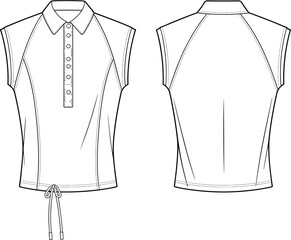 Sleeveless polo shirt technical fashion sketch, button-down front, drawstring hem, fitted silhouette, seam detailing, front and back views, garment construction vector illustration